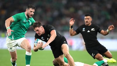 George Bridge of New Zealand attempts to break a tackle by Keith Earls of Ireland during the Rugby World Cup 2019 Quarter Final match between New Zealand and Ireland at the Tokyo Stadium in Chofu, Tokyo, Japan. Getty Images