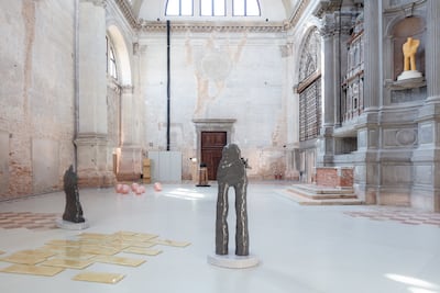 Two monumental glazed clay figures separated and joined by a Golden Sea in glass tiles represent Mayya and Ghaylan, a couple celebrated in classical Arab poetry. Photo: gerdastudio