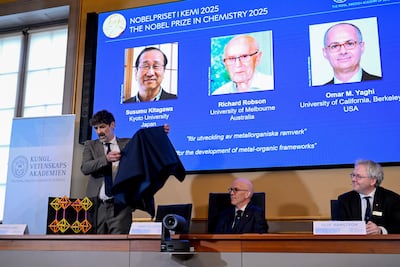 The 2025 Nobel Prize in Chemistry recipients are announced in Stockholm. EPA