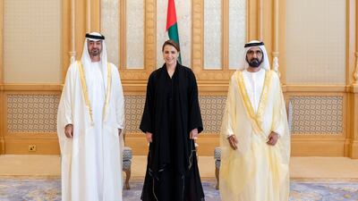 Sheikh Mohammed bin Rashid, Vice President, Prime Minister and Ruler of Dubai, and Sheikh Mohamed bin Zayed, Crown Prince of Abu Dhabi and Deputy Supreme Commander of the Armed Forces, with Mariam Al Mheiri, Minister of Climate Change and Environment.