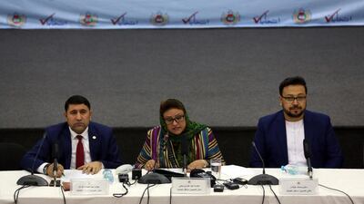 Hawa Alam Nuristani, chief of the Election Commission of Afghanistan, centre, speaks during a press conference at the commission's office in Kabul, Afghanistan, Tuesday, Feb. 18, 2020. Afghanistan's independent election commission says President Ashraf Ghani has won a second term as president in a vote that took place on Sept. 28 last year. AP Photo