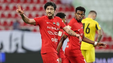 Iranian footballer Sardar Azmoun scores for Shabab Al Ahli. UAE Pro League, Shabab Al Ahli v Kalba. Rashid Stadium, Dubai. Chris Whiteoak / The National