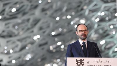 French Prime Minister Edouard Philippe delivers a speech during a visit to the Louvre Abu Dhabi Museum on Saturday. Karim Sahib / AFP
