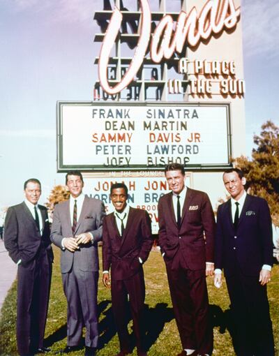 From left, the Rat Pack inluded Frank Sinatra, Dean Martin, Sammy Davis, Jr, Peter Lawford and Joey Bishop, pictured circa 1962 in Las Vegas. Getty Images