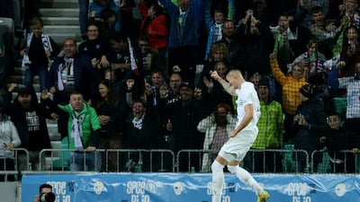 Slovenia's Benjamin Sesko celebrates scoring their second goal against Norway. Reuters