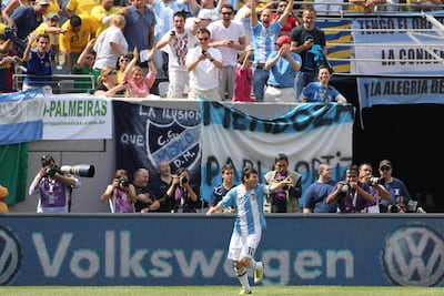 Lionel Messi celebrates after scoring his second goal during the Brazil v friendly in New Jersey in June 2012. Corbis via Getty Images