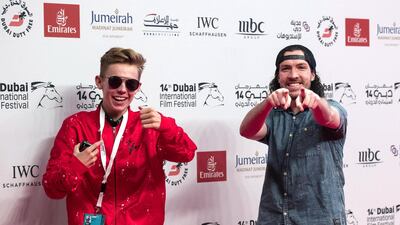 Dubai, United Arab Emirates, December 6, 2017: Tanner Fox, left, and Sean McBride walk the red carpet during the opening night of Dubai International Film Festival at Madinat Jumeirah in Dubai December 6, 2017. Christopher Pike / The National Reporter: Chris Newbould Section: Arts & Culture