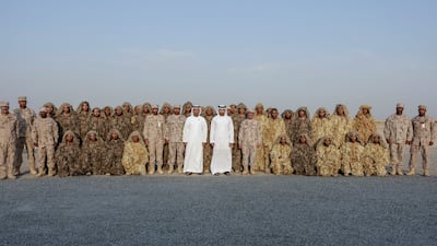 Sheikh Hamdan bin Mohammed, Crown Prince of Dubai, attends the graduation of the 18th cohort of the national military service at Seih Hafeir in Abu Dhabi