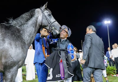 Mashhur Al Khalediah, ridden by Jean-Bernard Eyquem, after winning in Abu Dhabi. Victor Besa / The National