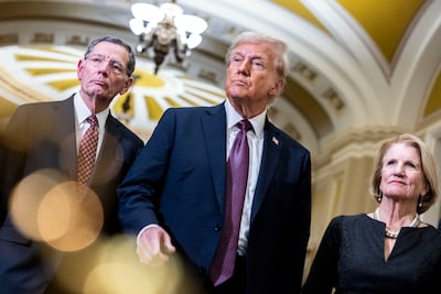 President-elect Donald Trump, centre, with Senator John Barrasso, a Republican from Wyoming, left, and Senator Shelley Moore Capito, a Republican from West Virginia, at the US Capitol in Washington, on January 8. Bloomberg
