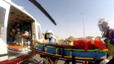 Paramedics rescue an accident victim in Ajman. Courtesy: MOI