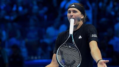 Alexander Zverev of Germany gestures to the umpire during his match against Jannik Sinner of Italy at the ATP Finals in Turin, Italy. EPA