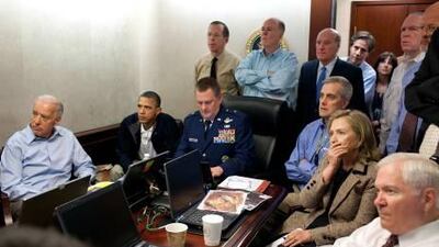 The US president Barack Obama, second left, the secretary of state Hillary Clinton, right, and the vice president Joe Biden, left, along with with members of the national security team, receive an update on the mission against Osama bin Laden in the Situation Room of the White House on Sunday, May 1, 2011, in Washington.