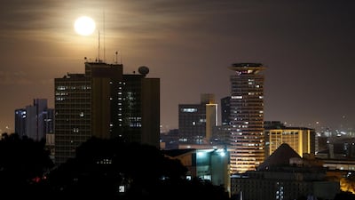The pink supermoon rises over the skyline of Nairobi, Kenya. Reuters