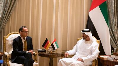 Sheikh Mohamed bin Zayed, Crown Prince of Abu Dhabi and Deputy Supreme Commander of the Armed Forces, meets German foreign minister Heiko Maas in Abu Dhabi on Sunday. Wam