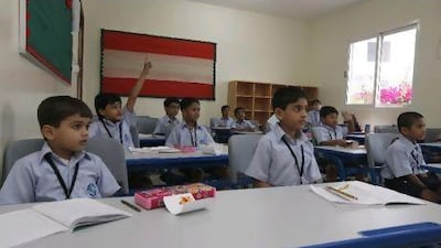 Grade One students attend their first day of class following the opening of the JSS Private School in Dubai. 350 pupils are enrolled. Jeffrey E Biteng / The National