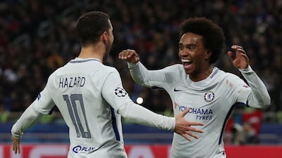 Chelsea's Willian celebrates scoring their second goal with Eden Hazard. Peter Cziborra / Reuters