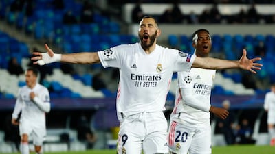 Karim Benzema celebrates scoring for Real Madrid in their 3-1 Champions League last-16, seocnd-leg victory over Atalanta at the Estadio Alfredo Di Stefano on Tuesday, March 16. The Spanish side won 4-1 on aggregate. Reuters