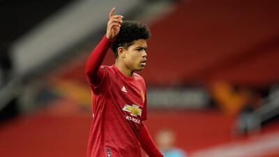 Manchester United's Shola Shoretire during the Europa League round of 32 second leg against Real Sociedad at Old Trafford on Thursday, February 25, 2021. AP