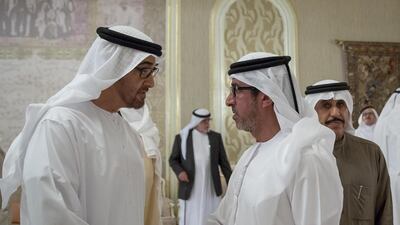 Sheikh Mohammed bin Zayed, Crown Prince of Abu Dhabi Deputy Supreme Commander of the Armed Forces, left, offers condolences to Sheikh Rashid bin Hamdan (R). on the death of his son Sheikh Hamdan bin Rashid bin Hamdan bin Mohammed Al Nahyan. Mohamed Al Hammadi / Crown Prince Court - Abu Dhabi