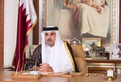 Qatar emir Sheikh Tamim delivers a televised speech in Doha. QNA