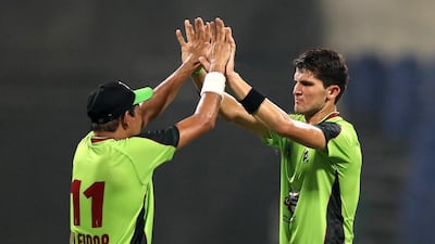 Lahore's Shaheen Afridi takes the wicket of Yorkshire's Gary Ballance in the game between Lahore Qalandars and Yorkshire in the Abu Dhabi T20 competition.