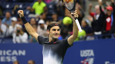 Roger Federer of Switzerland celebrates after match point against Frances Tiafoe of the United States. Jerry Lai / USA Today