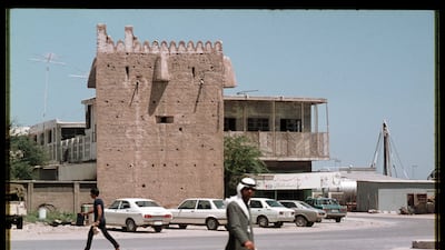 Defence Tower at the edge of Al Shindagha, already a beneficiary of preservation efforts, in this 1977 photograph by Mark Harris