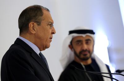 Russian Foreign Minister Sergey Lavrov attends a joint press conference with United Arab Emirates Minister of Foreign Affairs and International Co-operation Sheikh Abdullah bin Zayed. EPA