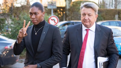 In this file photo from February 18, 2019 South Africa athlete Caster Semenya, left, arrives with her lawyer Gregory Nott for the first day of her hearing at the international Court of Arbitration for Sport (CAS) in Lausanne, Switzerland. EPA