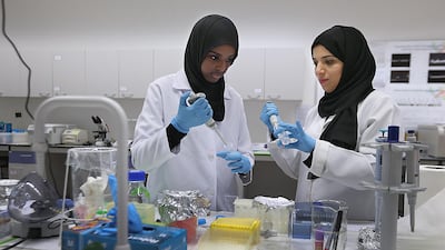 Umallchair Ahmed, 20, carries out genetic tests with Dr Habiba Alsafar in the biomedical engineering lab at Khalifa University. Delores Johnson/The National