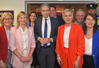 Irish Prime Minister Simon Harris at a counting centre on Thursday. AP