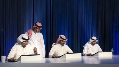 Majid Abdul Rahman Al Bastaki, standing, with the judges of the show El Beit. Reem Mohammed / The National