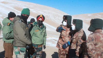 Army officers from India and China meet in the Pangong lake region, in the disputed Ladakh border area, last year. AP