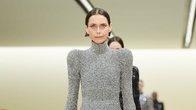 The Balenciaga show finished with a parade of shimmery evening dresses