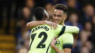 David Faupala celebrates with Kelechi Iheanacho after scoring for Manchester City against Chelsea on Sunday. John Sibley / Action Images / Reuters / February 21, 2016