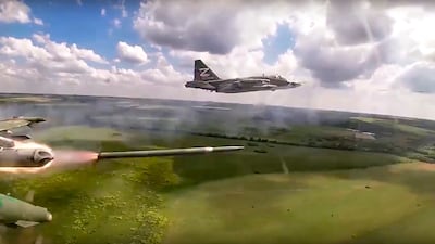 A Russian Su-25 ground attack jet fires rockets on a mission in an undisclosed location in Ukraine. Russia's air campaign so far has been half-hearted and ineffectual. AP