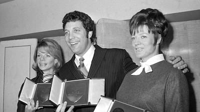 With fellow actress Jill Bennett and singer Tom Jones holding their Variety Club of Great Britain awards at the Savoy Hotel, London, in 1969. PA Photo