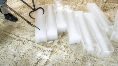 Small ice blocks -- 100 centimetres x 16 cm x 17 cm -- are produced for non-food grade and food-grade purposes. These 25 kilogram blocks are edible and safety certified. Produced in steel moulds, they were first made for the fishing industry but their use now runs from construction to chilling swimming pools in the hot summer months. Antonie Robertson / The National