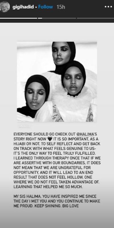 Gigi Hadid was quick to come out in support of Halima Aden. Courtesy Gigi Hadid.