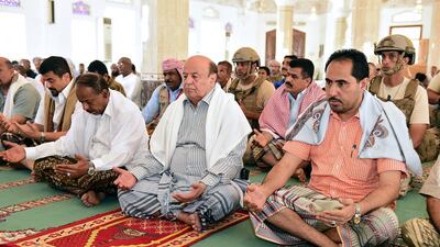 Yemeni president Abdrabu Mansur Hadi attends Friday prayers in Aden, a week after returning to the country to lead the campaign to liberate Taez. EPA
