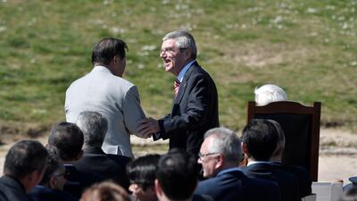 International Olympic Committee (IOC) president Thomas Bach speaks with Paralympic Games vice president Toshiaki Endo. AFP