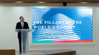 Mr Pompeo delivers his lecture. He said the UAE has ceaselessly worked to foster peace and harmony in the Middle East. Abdulla Al Neyadi / Ministry of Presidential Affairs