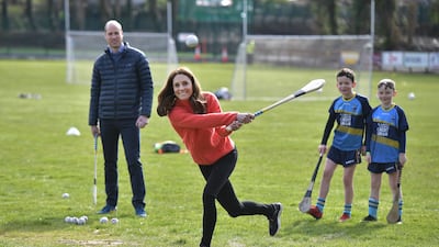Prince William and Catherine try hurling at Salthill GAA club during a visit to Ireland in March 2020