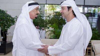 Sheikh Humaid bin Rashid Al Nuaimi, Ruler of Ajman, greets Sheikh Hazza bin Zayed, Vice Chairman of the Abu Dhabi Executive Council on Wednesday. Wam