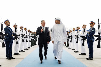 Keir Starmer with Emirati government official Khaldoon Al Mubarak during a visit to Abu Dhabi last week. EPA