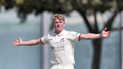 Lancashire's Chris Sanders takes the wicket of UAE's Chirag Suri in a pre season warm up game. Chris Whiteoak / The National