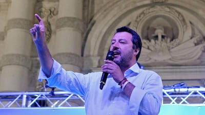Italian Deputy Premier and Interior Minister Matteo Salvini speaks during a rally of his far-right League party in Turin. EPA