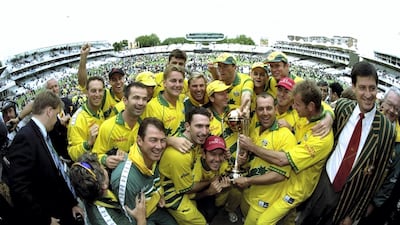 Australia lift the trophy after victory in the Cricket World Cup Final over Pakistan at Lord's in London, 1999. Getty Images