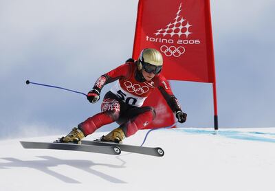 Chrine Njeim competing for Lebanon in the alpine skiing women's downhill event at the 2006 Turin Winter Olympics. Getty